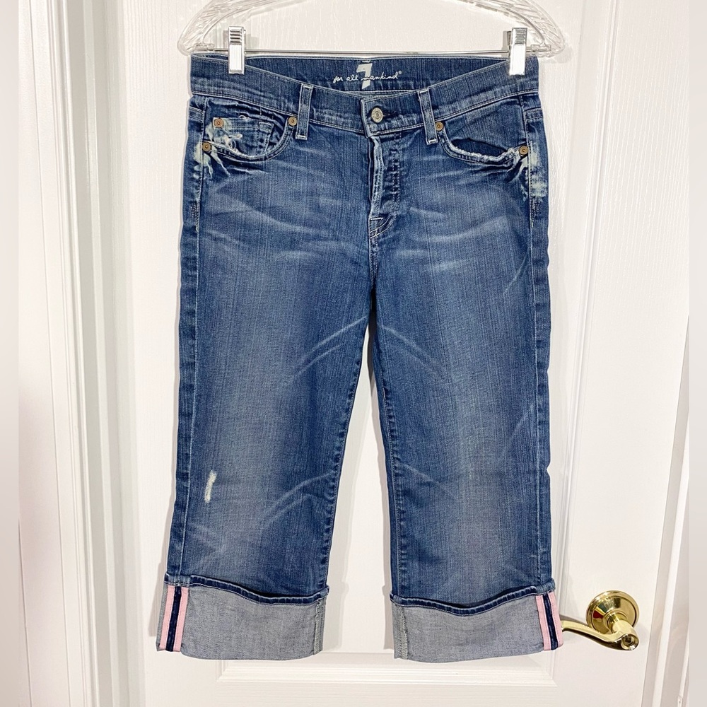 Y2K 7FAM Crop Boycut Pink Ribbon Cuff Jeans Size 27 USA MADE 7 For All Mankind
